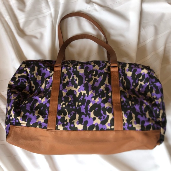 Purple Leopard Print Canvas and Faux Leather Overnight Bag - Picture 1 of 16